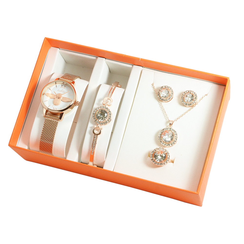 LUSHIKA 計師品牌手錶 - 3D蜜蜂浮雕x玫瑰金米蘭腕錶 女錶+飾品禮盒套組-白LSBW001