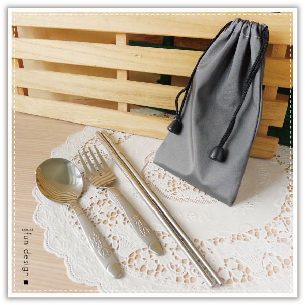 束口袋餐具組 環保餐具組 不鏽鋼餐具組 不鏽鋼筷 折疊筷 叉子 湯匙 B0315