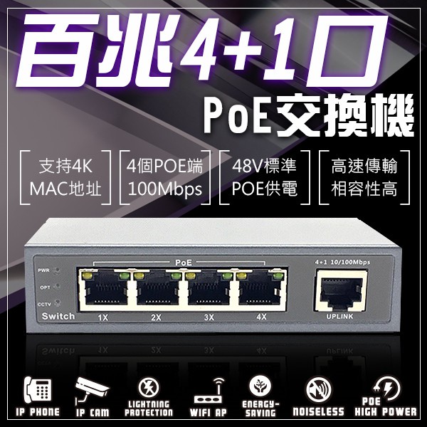 [三泰利 工廠直營]  100M/百兆 4路PoE網路交換機 POE 4+1埠 電源供應器(外置電源)