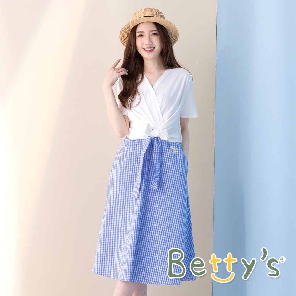 betty’s貝蒂思(11)拼接格紋綁帶洋裝(白色)