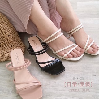 《杜達女孩》[日常/渡假]休閒方頭磨砂中跟涼鞋 羅馬涼鞋 拖鞋 涼拖鞋 粗跟涼鞋 中高跟鞋 涼鞋 鞋子 女