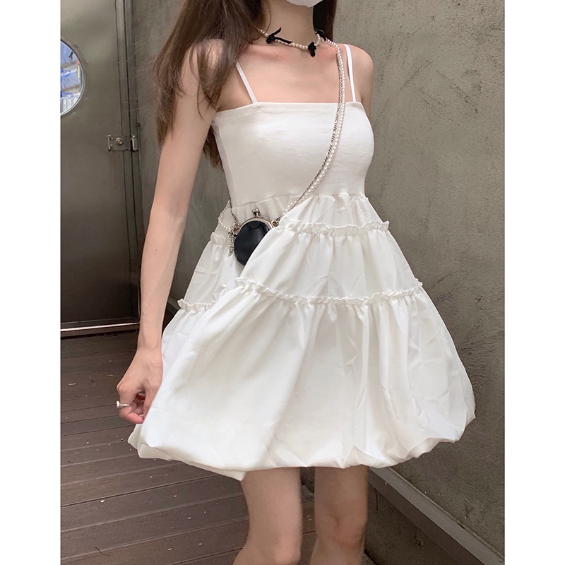 【太妮絲 自訂款】現貨熱銷千件！ 法式 白色洋裝 吊帶連衣裙 洋裝 裙子 A字裙 ins 赫本風 顯瘦 蓬蓬裙 F144