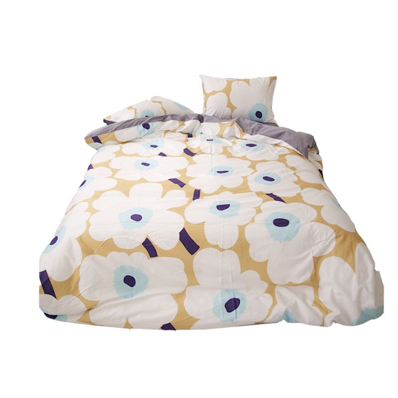 芬蘭marimekko 奶茶底白花高支高密全棉府綢太陽花印花被套枕套 蝦皮購物