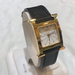 (已售出)HERMES-白面金框H-HOUR黑皮帶石英錶-2534203