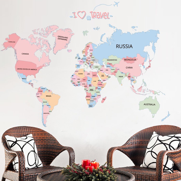 五象設計 世界地圖005 彩色 英文字母 居家裝飾 壁貼窗貼 牆貼畫 辦公室 客廳臥室 背景牆貼