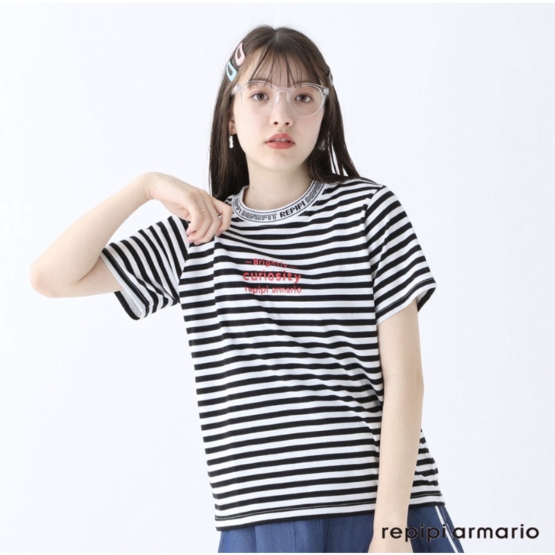 日系品牌repipi armario羅紋領口條紋短袖T恤上衣（近全新）