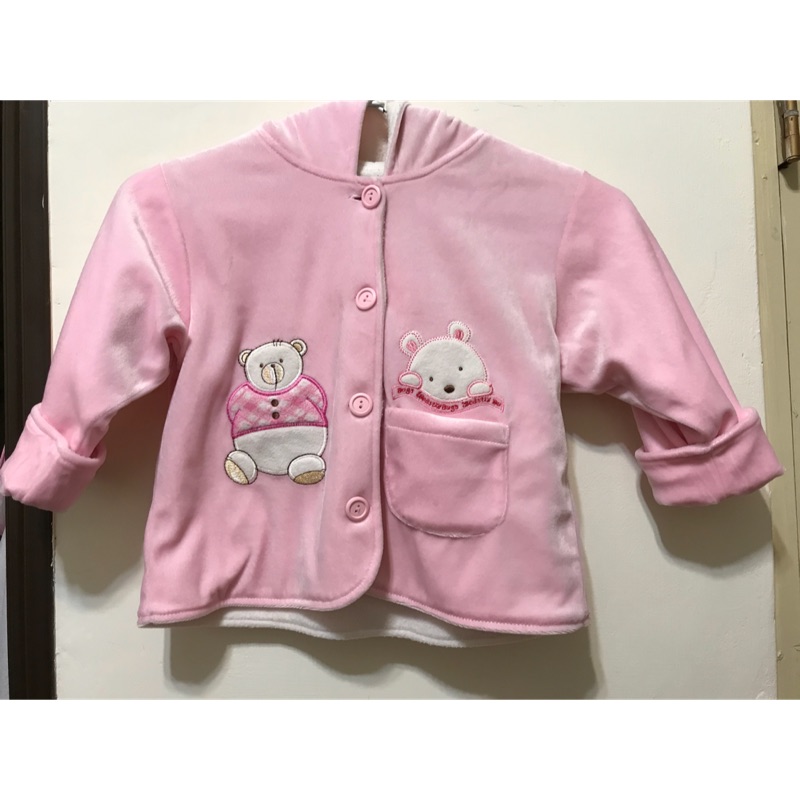 台灣製 MIT 女寶厚絨布內刷毛連帽外套 女生 寶寶服 女童 6號 1-2歲可穿 90cm內 粉紅色 二手九成新