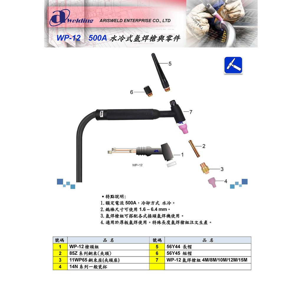 WP-12  水冷式氬焊槍與零件