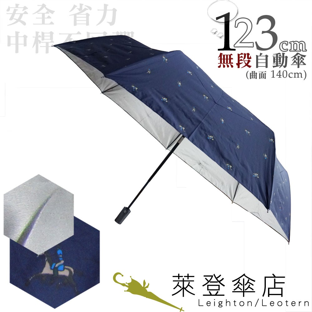 【萊登傘】雨傘 印花銀膠 不回彈 123cm超大無段自動傘 抗UV 防風抗斷  藍色馬球