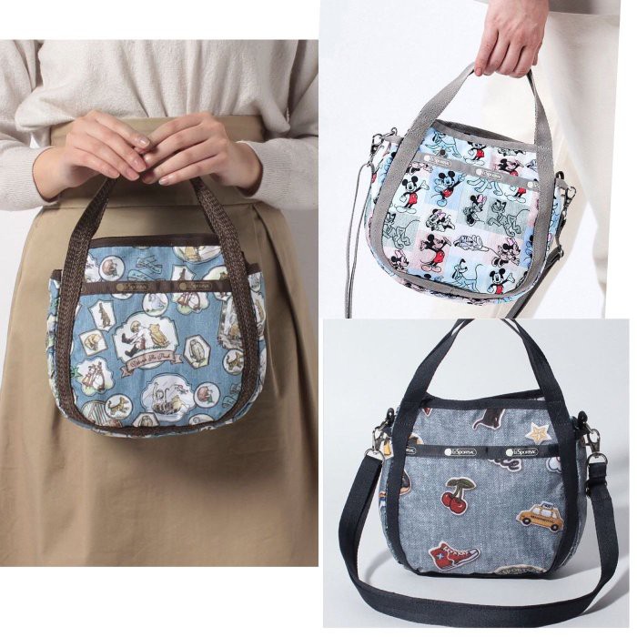 ♥ 小花日韓雜貨 ♥ lesportsac 日本限定牛仔色車車鞋子櫻桃貓咪徽章維尼米奇米妮 8056 南瓜包斜背包逛街包