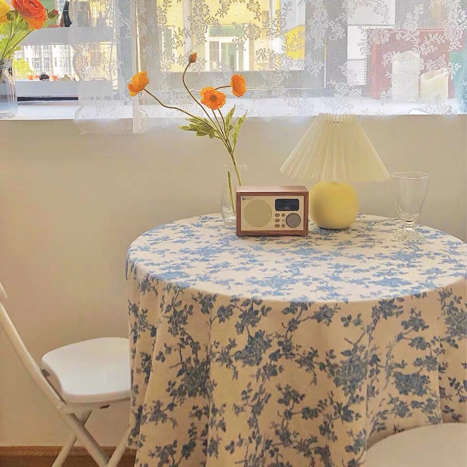 韓國ins簡約小清新棉麻野餐布藍色花桌布家居裝飾拍攝背景居家生活 蝦皮購物