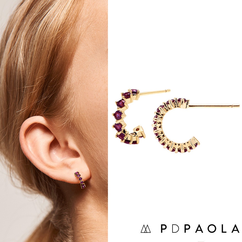 PD PAOLA 西班牙時尚潮牌 鑲鑽C型 簡約圓形耳環 紫羅蘭X金色 VIOLET BIRD