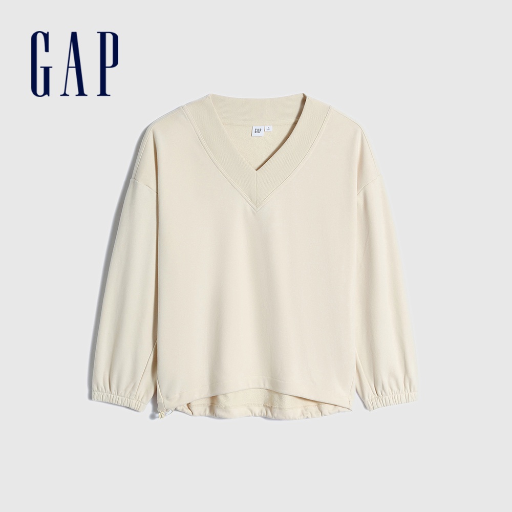 Gap 女裝 V領大學T 碳素軟磨法式圈織系列-米色(810835)