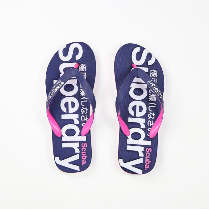 【Superdry.極度乾燥】【零碼M】SD女款海灘夾腳拖鞋藍粉帶白字深藍 F03170408-18