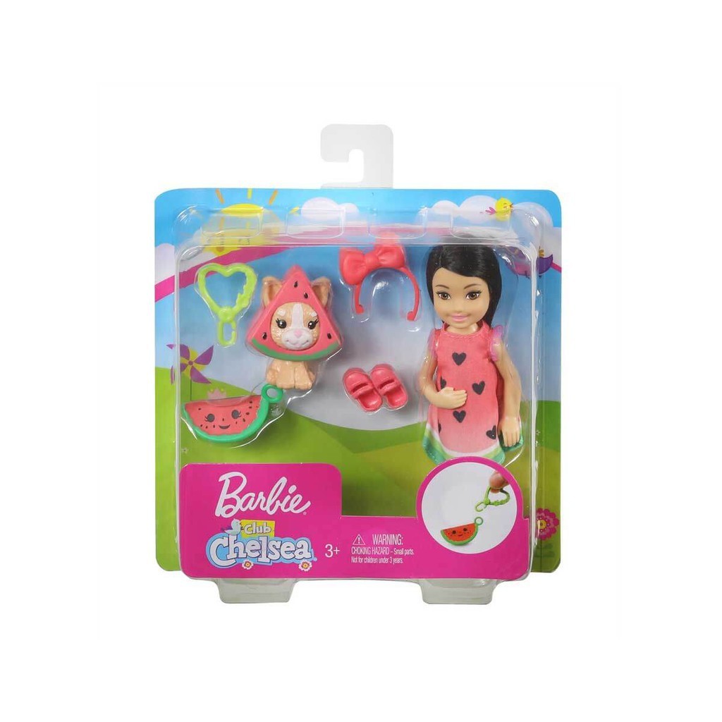 盒損商品MATTEL Barbie 芭比娃娃 雀兒喜(小凱莉) Chelsea雀兒喜 小凱莉組合套裝- 西瓜(黑髮)
