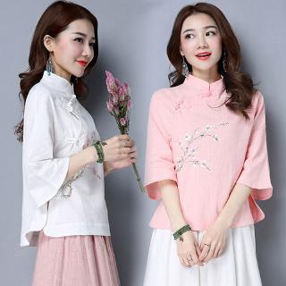 3XL寬版大碼夏裝新款民國風女裝復古立領盤扣寬鬆棉麻茶服上衣女梅花刺綉亞麻漢服中袖短袖襯衫