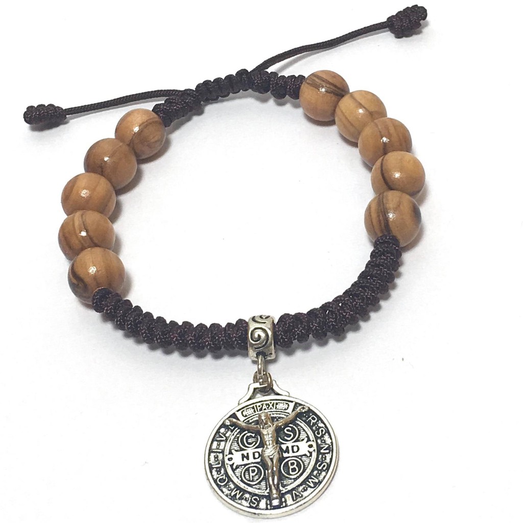 天主教聖物 以色列進口 手鍊 手環 10mm 橄欖木 念珠 聖本篤 耶穌 耶穌苦像 #8251034