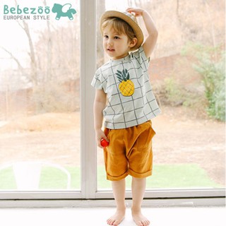 韓國品牌童裝 格子鳳梨短袖上衣+棉麻哈倫褲 2件套裝 童裝