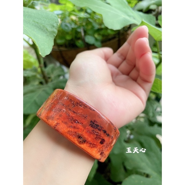 🔴滿橘紅珊瑚玉鐲/卡蒂雅方鐲🍃 特色老虎紋感 特色寬版方鐲54.2手圍