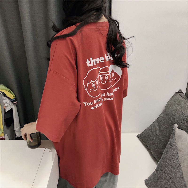 【TBB】短袖t恤女 棉t 三個頭像印花短袖上衣 bf慵懶風寬鬆上衣 超火運動怪味喪系上衣服 學院風女生T恤 休閒上衣