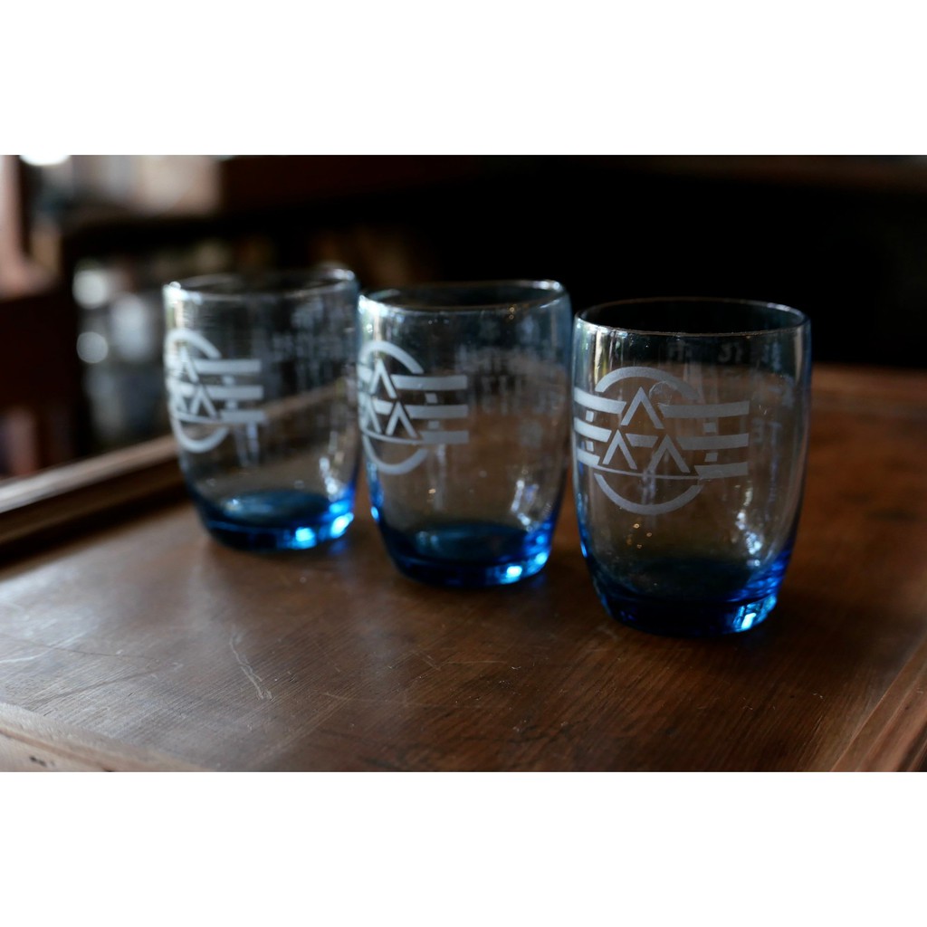 台灣 早期 印花 藍玻璃 企業贈禮 玻璃杯 茶杯 酒杯 復古