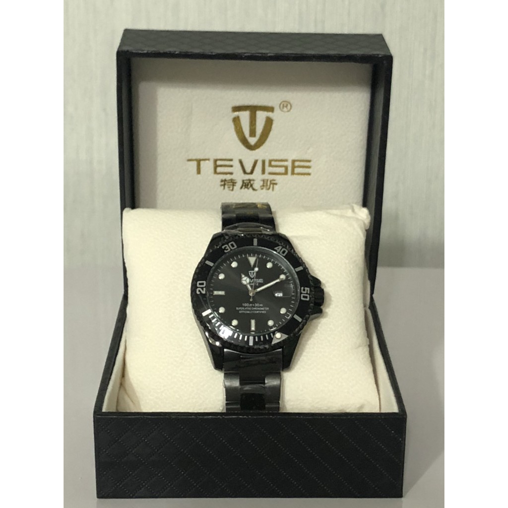 售 全新 TEVISE 特威斯水鬼 黑面黑帶 30m生活 防水石英錶