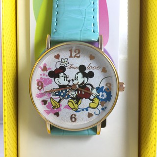 正版！ Mickey Mouse 迪士尼 Disney 薄型輕量亮金錶款 淺綠皮帶 鱷魚紋 款式 防偽雷射貼紙
