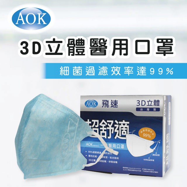 AOK飛速3D立體醫療口罩(藍、L)