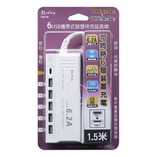 免運費🌸現貨 朝日科技 USB-06 6USB智慧快充6.2A延長線1.5米