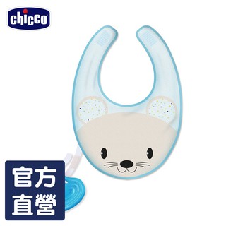 chicco-動物棉織圍兜-附掛矽膠固齒器-藍