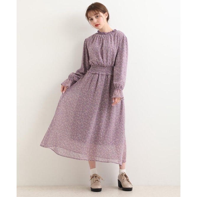 日本majestic legon 紫色小花長袖有腰身雪紡紗洋裝連身裙