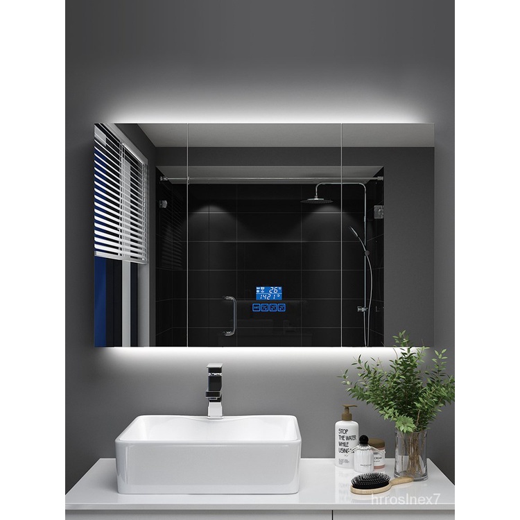【現貨 速發】智能鏡櫃簡約現代衛生間浴室櫃防霧鏡子掛墻式LED雙燈帶儲物鏡箱-浴櫃-家具-輕奢岩板