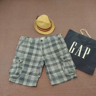 GAP 型男 夏日 清爽 藍白格紋 多口袋 5分短褲 5分工作褲 38 9成新