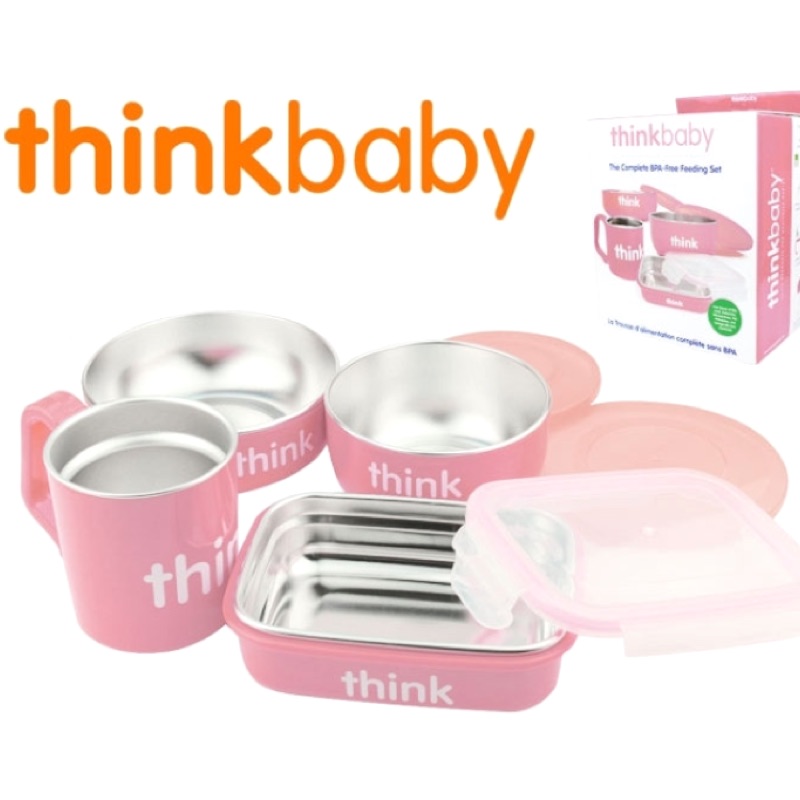 （全新）美國 ThinkBaby 無毒不鏽鋼兒童餐具組-草莓粉（拆賣）