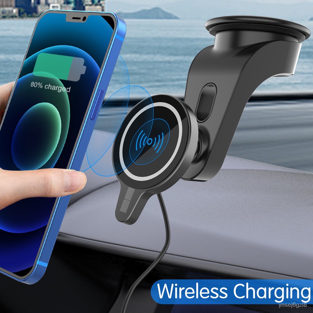 跨境熱銷車載磁吸無線充電iPhone12儀表臺擋風玻璃吸盤式快充支架