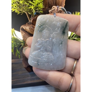 天然緬甸玉A貨冰種飄藍花冰老種老料老師父精雕佛祖 大日 如來 悟道 感悟人生和和美美荷花 翡翠項鍊（附珠寶鑑定書）