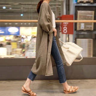 亞麻風衣女 韓版棉麻小外套外搭大尺碼 新款防曬衣寬鬆中長款過膝外套薄