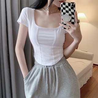 純棉短袖魚骨t恤女夏純慾甜辣妹風不規則方領短款上衣