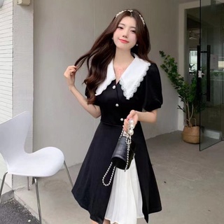 胖胖美依 短袖洋裝 連身裙 S-2XL新款宮廷風高級感別緻設計感polo拼接褶皺設計感短裙MD057-20063.