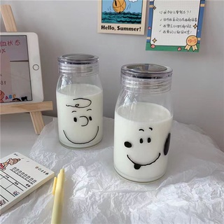 【窩窩】史努比玻璃杯 可愛簡約透明水杯 ins風小清新森系少女心學生牛奶咖啡杯子 有蓋玻璃杯 牛奶玻璃杯 Snoopy