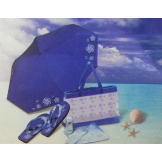 全新－清涼海灘用品六件組－深藍色雨傘－拖鞋－小方巾－梳子－小瓶子－袋子
