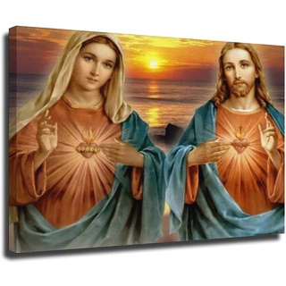 聖母瑪利亞海報耶穌與瑪麗的聖心帆布藝術海報和牆壁藝術圖片印刷現代家庭臥室裝飾海報無框風格 xinchxcm