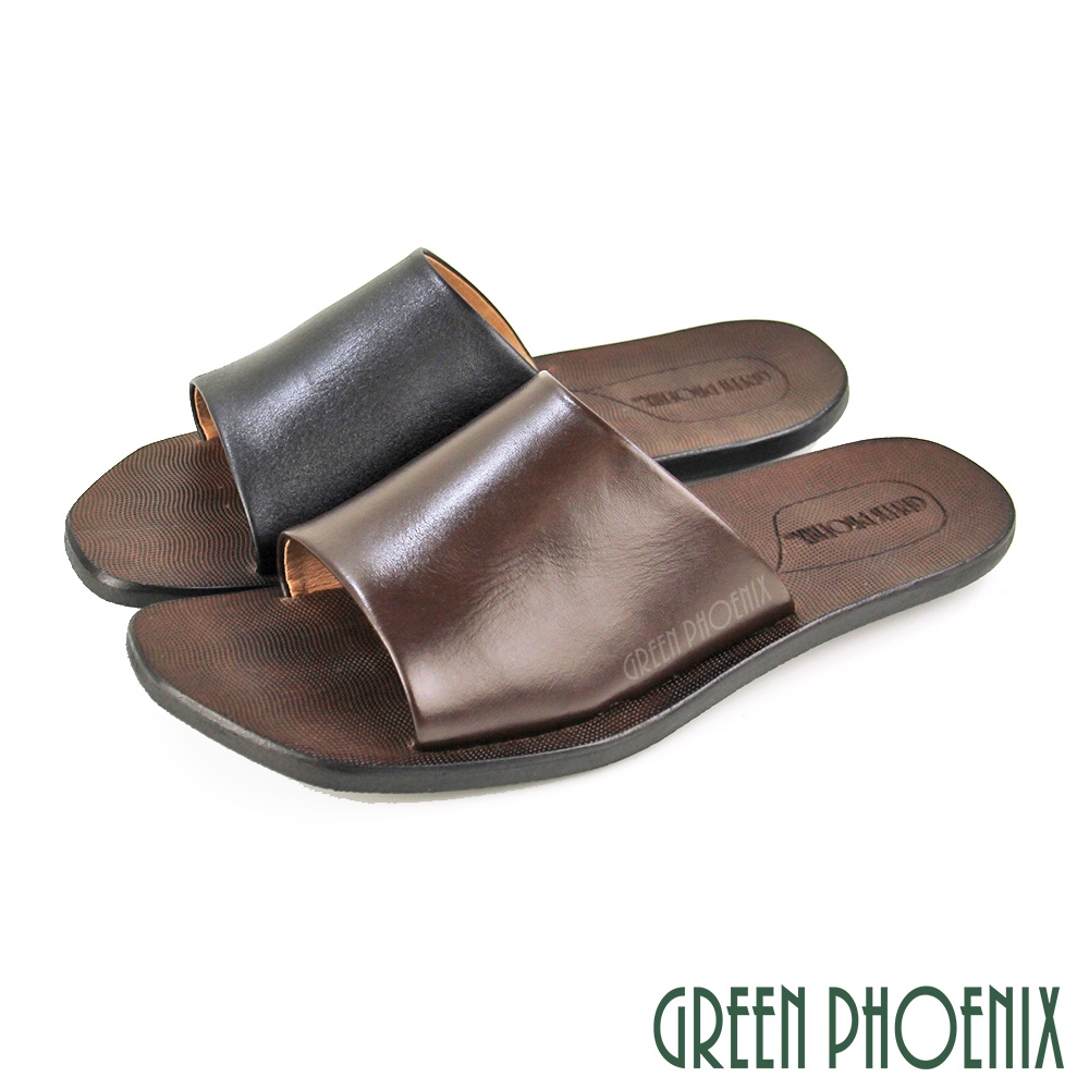 【GREEN PHOENIX】極簡質感素面全真皮室內外平底拖鞋-男款 台灣製 T12-18006