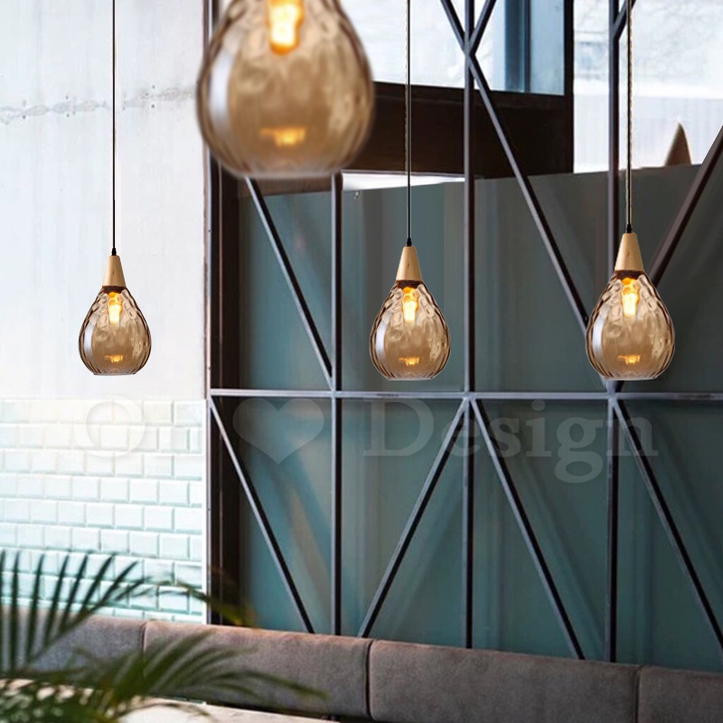 丹麥設計 北歐 極簡 設計師的燈款 實木柄 水滴 波紋 玻璃 吊燈-琥珀