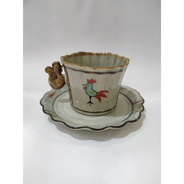 老木青 | 早期全新 公雞圖騰陶瓷咖啡杯盤組 手繪陶器 杯碟 復古懷舊 老件