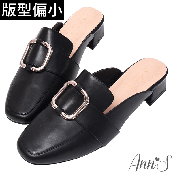 Ann’S生活常態-正方扣粗跟方頭穆勒鞋3cm-黑(版型偏小)