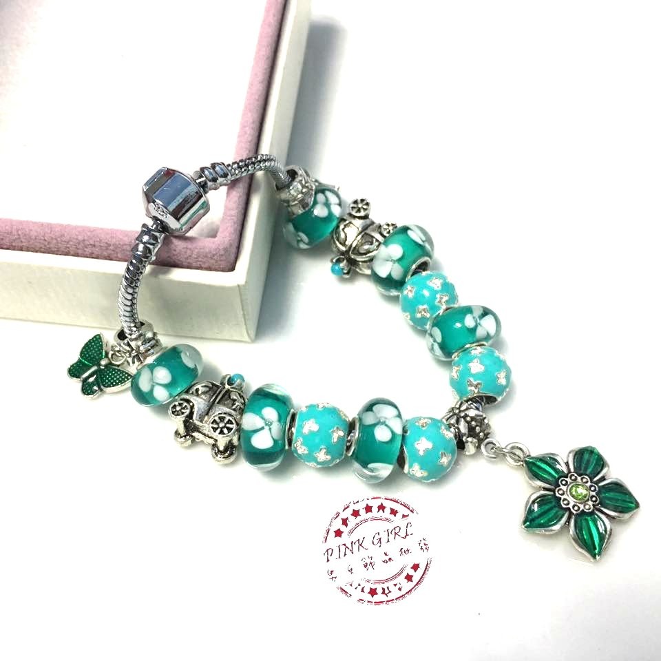 ❤️現貨❤️潘朵拉風格手鍊 蘋果綠花朵琉璃款  DIY 飾品 手環 手鐲 手練 手繩 蛇骨鍊 裸鍊 類似潘朵拉手鍊