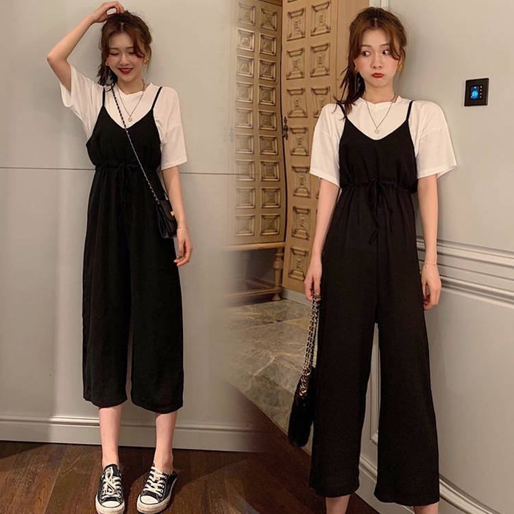 小個子女生吊帶褲純色吊帶連身褲休閑v領吊帶闊腿褲吊帶連體褲吊帶寬褲九分褲韓版寬松吊帶褲繫帶收腰連身長褲
