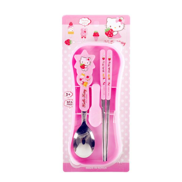 【台灣出貨】韓國正品兒童餐具 Hello Kitty 筷子+湯匙 叉子 不鏽鋼 4格 餐袋 樂扣不鏽鋼餐盤 便當盒