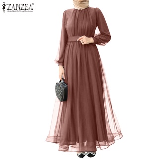 Zanzea 女士穆斯林時尚休閒長袖網眼雙層百褶優雅長裙